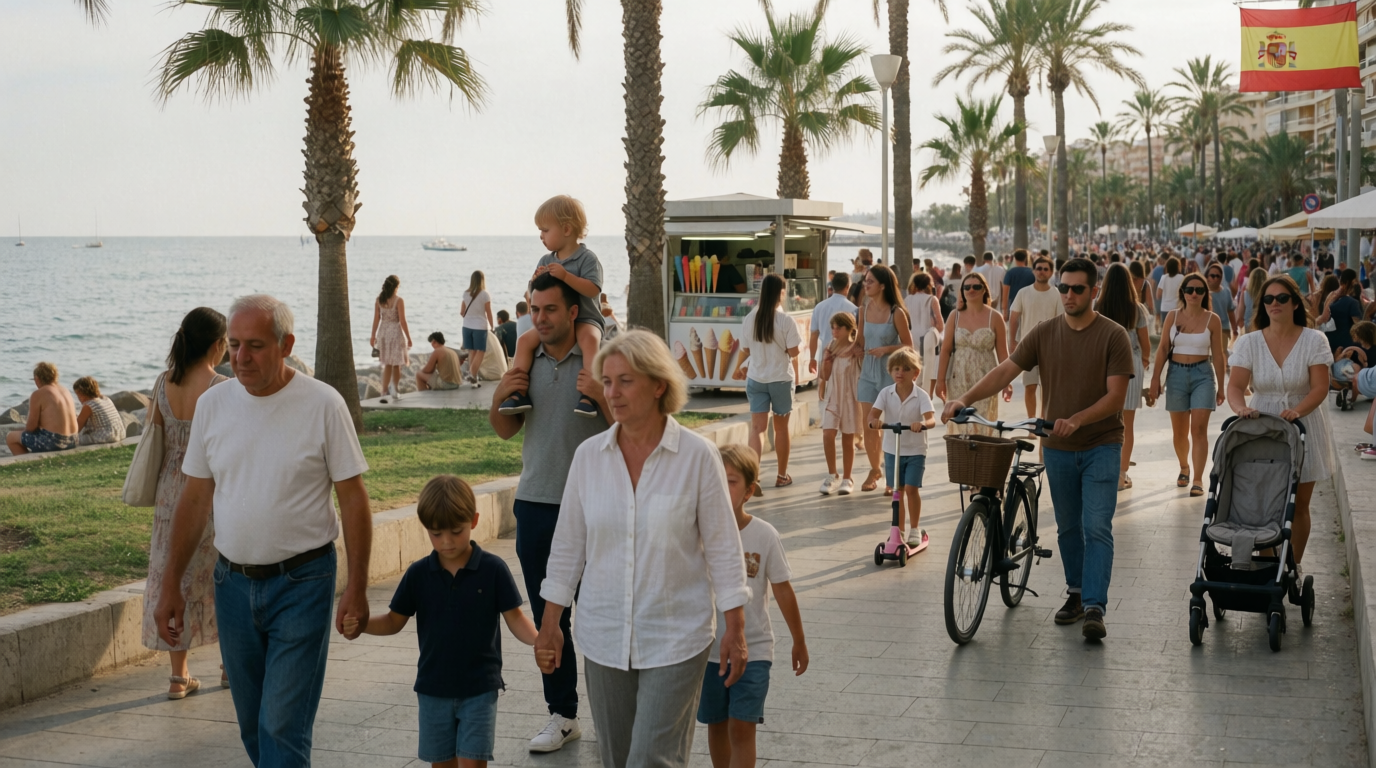 Families walking the Fuengirola seafront promenade at dusk in summer