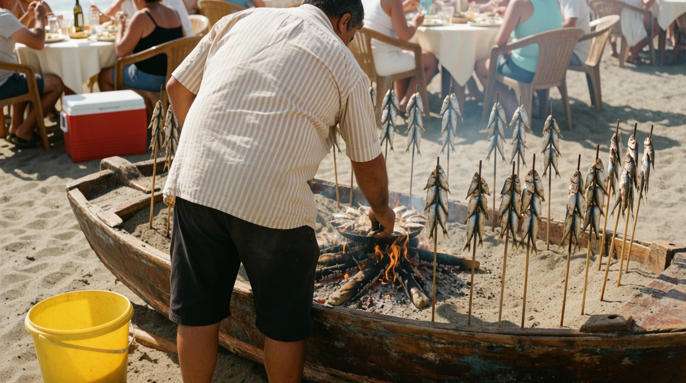 A cook tends sardines on skewers around a fire in a sand-filled boat on a Málaga beach