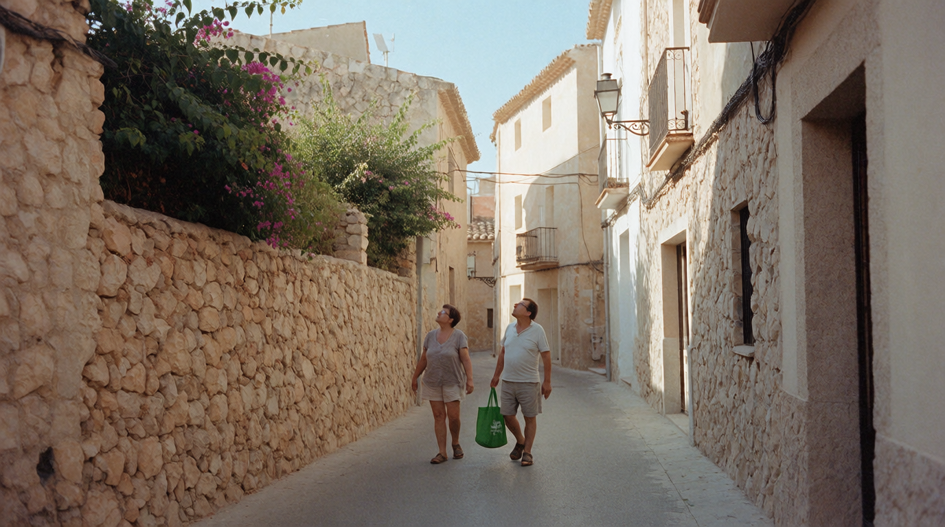 Ett par som promenerar på en lugn gata i gamla stan i Jávea