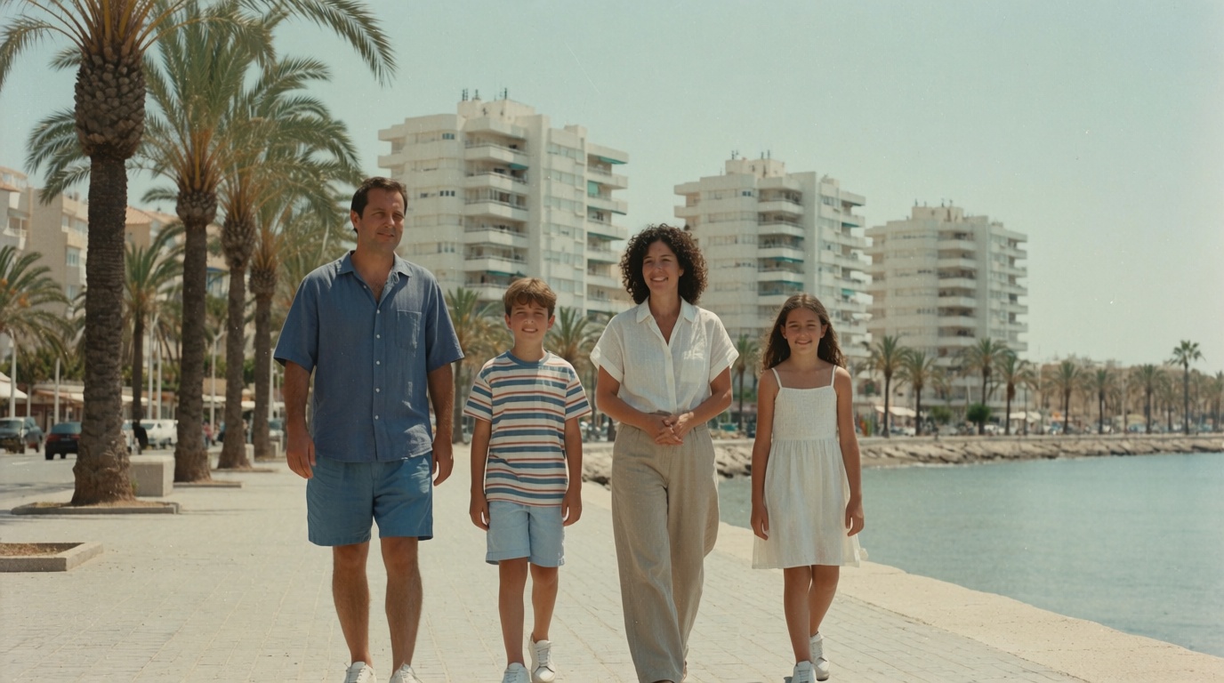 A family walking along the seafront promenade in Torrevieja at midday.