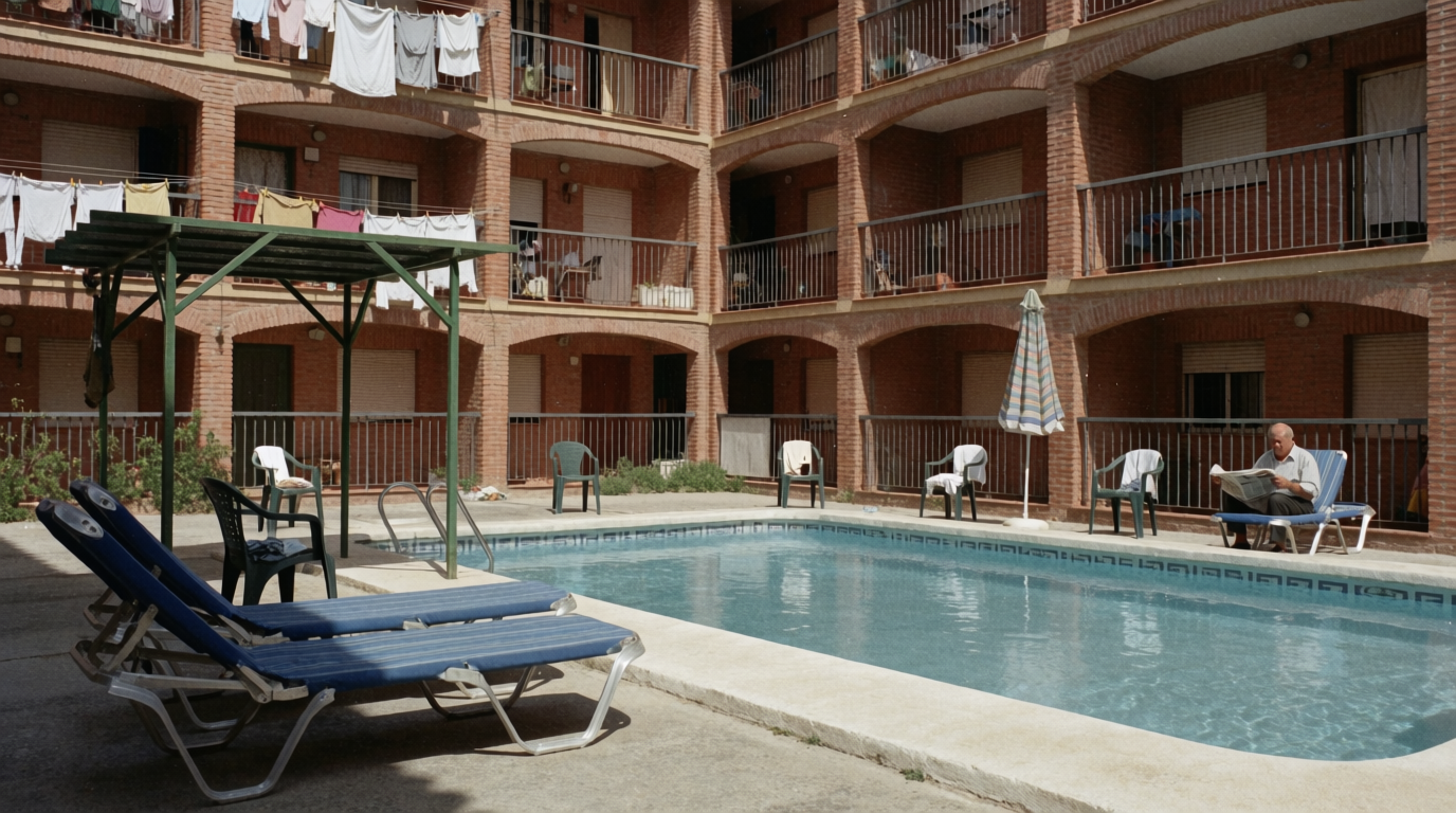 A resident reading by the shared pool of an apartment block courtyard at midday.