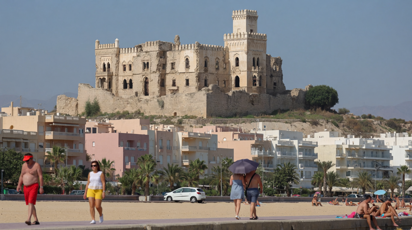 Sohail-slottet rejser sig over strandpromenaden i Los Boliches i Fuengirola