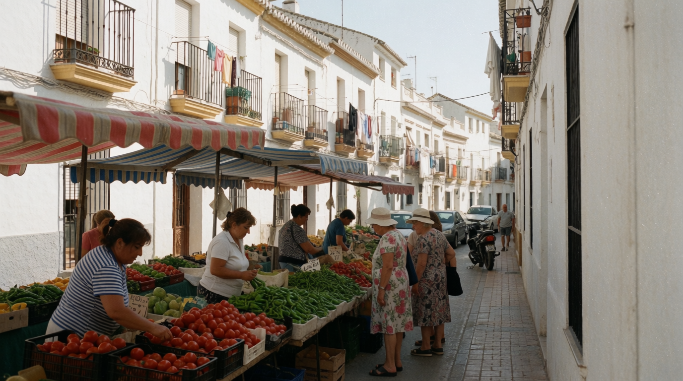 A morning street market in Manilva's old town with stalls of local produce