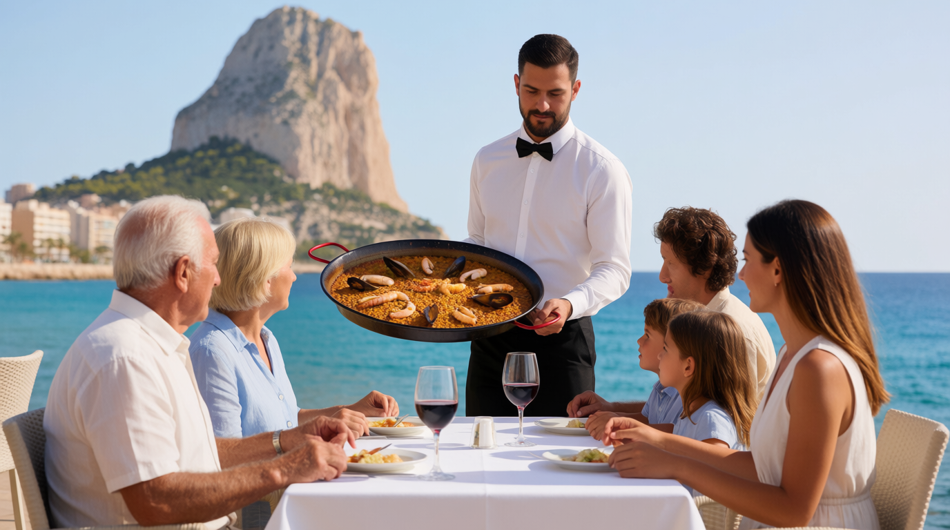 A family at a seafront table in Calpe as a rice dish arrives, with the Peñón de Ifach behind