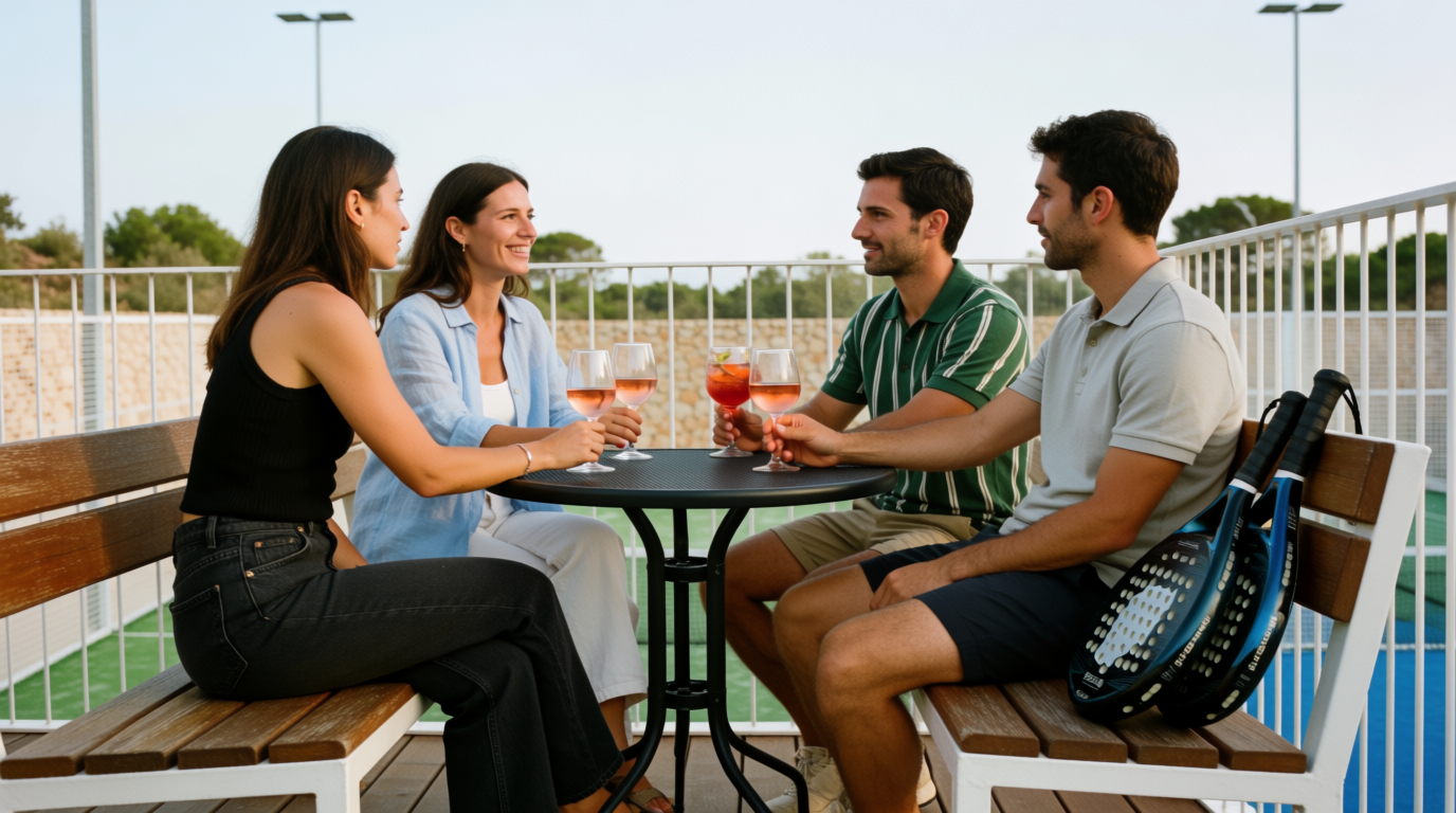 Friends relaxing at a padel club terrace bar in the early evening.