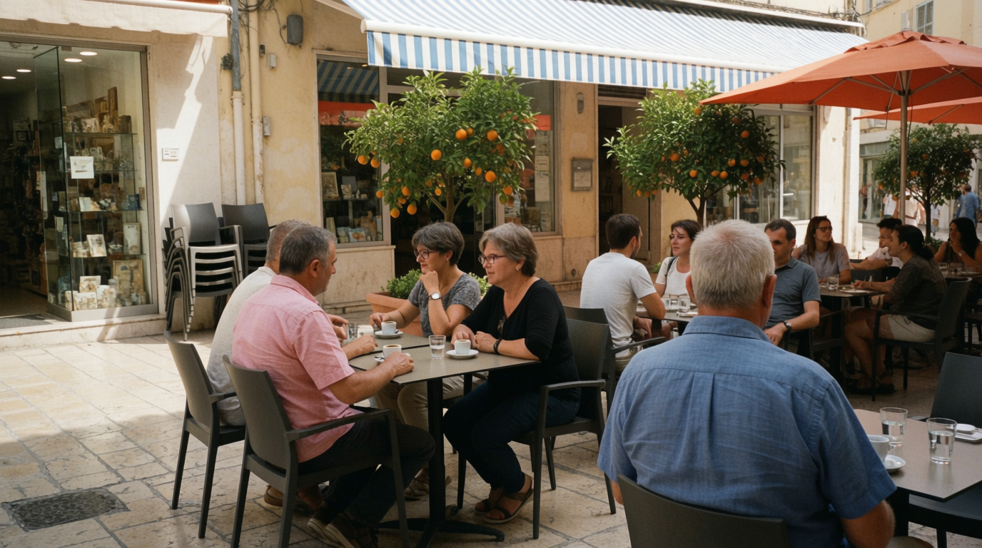 Neighbours chatting at a café table in Albir town centre