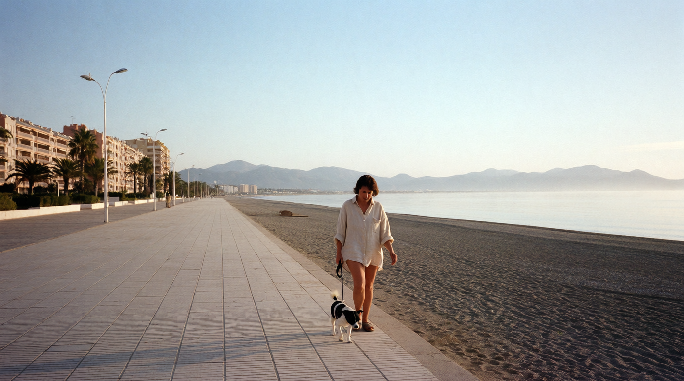 A woman walking a dog along the quiet Casares Costa promenade in winter