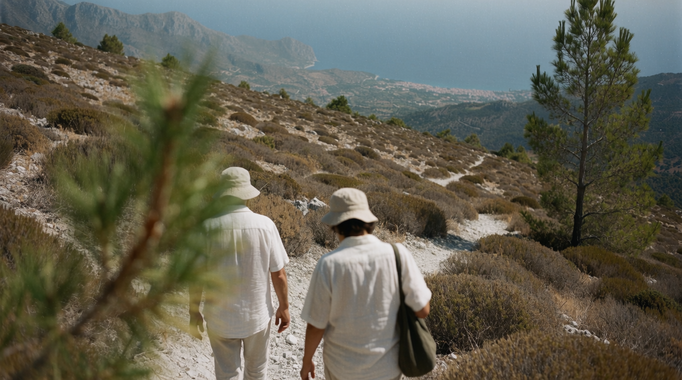 Wanderer auf einem Hangpfad oberhalb von Benalmádena, darunter die Küste