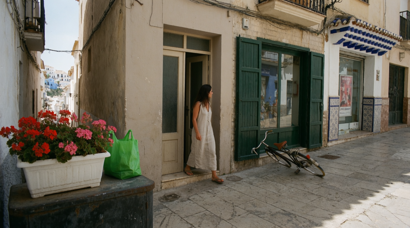 A woman stepping out of a small office on a whitewashed side street in Fuengirola.