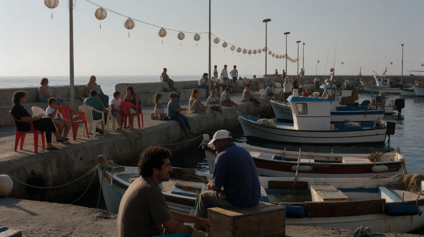 Families gathered at a harbour after dark following a maritime festival