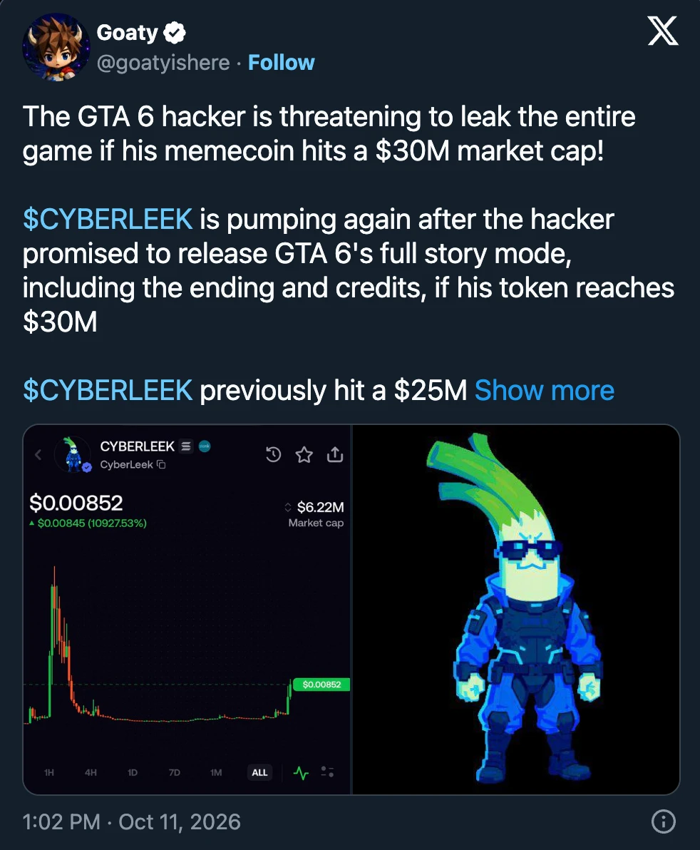 GTA 6 leaker promises to release the full game to boost a memecoin