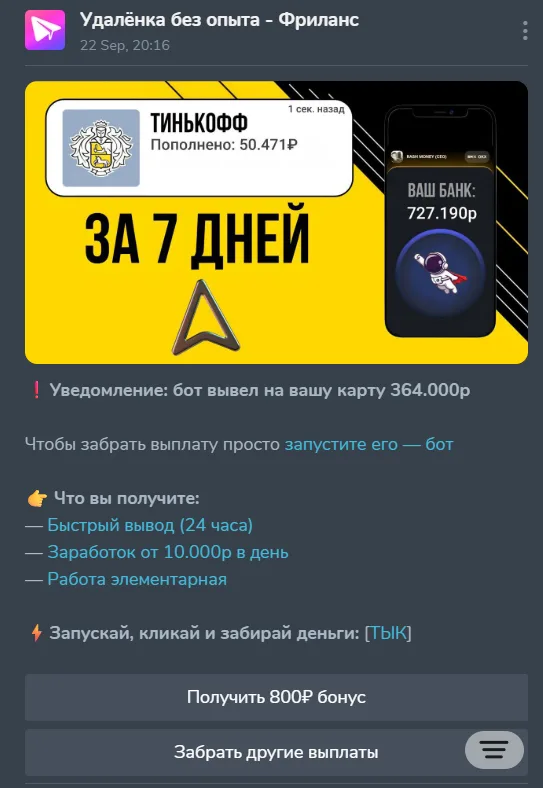 Удалёнка без опыта - Фриланс: evidence 1 — Fake transfer notifications and payment for bot activation, screenshot 1 of 2
