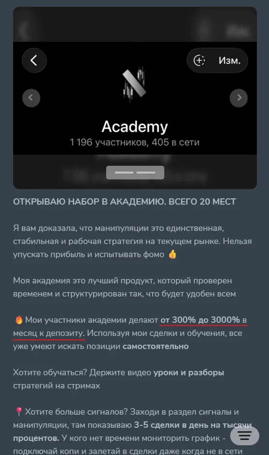 SPECULANTKA: evidence 2 — Selling a paid academy under false profit guarantees, screenshot 1 of 2