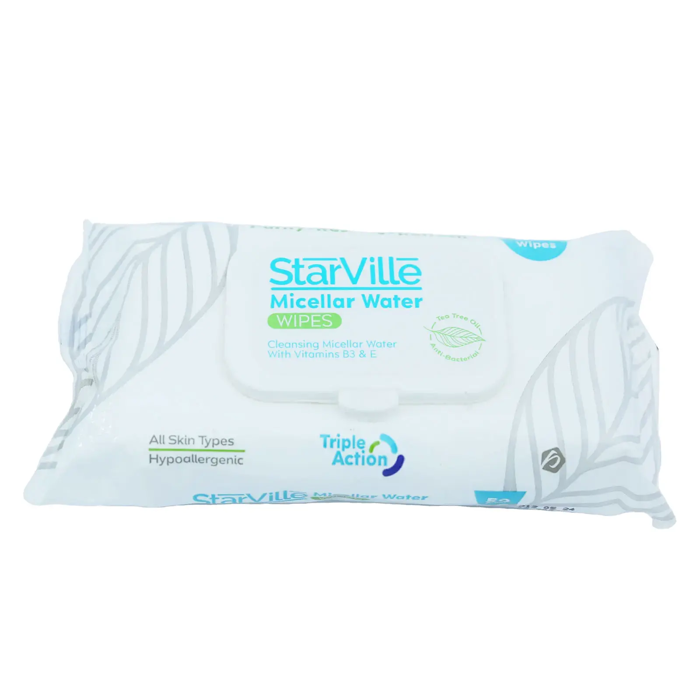 StarVille Micellar Water Wipes - Cleansing Micellar Water with Vitamins B3 & E (50 Wipes)