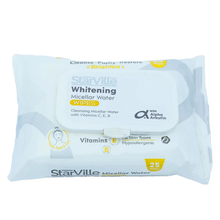 StarVille Whitening Micellar Water Wipes with Vitamins C, E & B (25 Wipes)