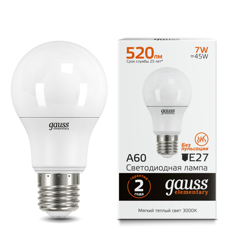 Лампа Gauss LED Elementary A60 7W E27 520lm 2700K