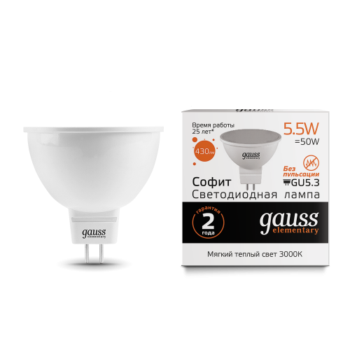 Лампа Gauss LED Elementary MR16 GU5.3 5.5W 430lm 3000К