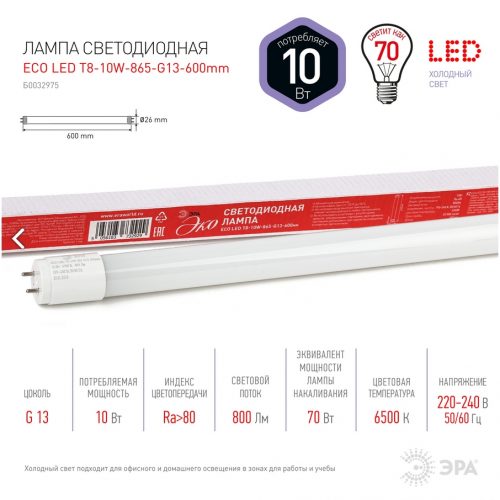 Лампа LED T8-10w-865-G13 600mm smd ECO  ЭРА