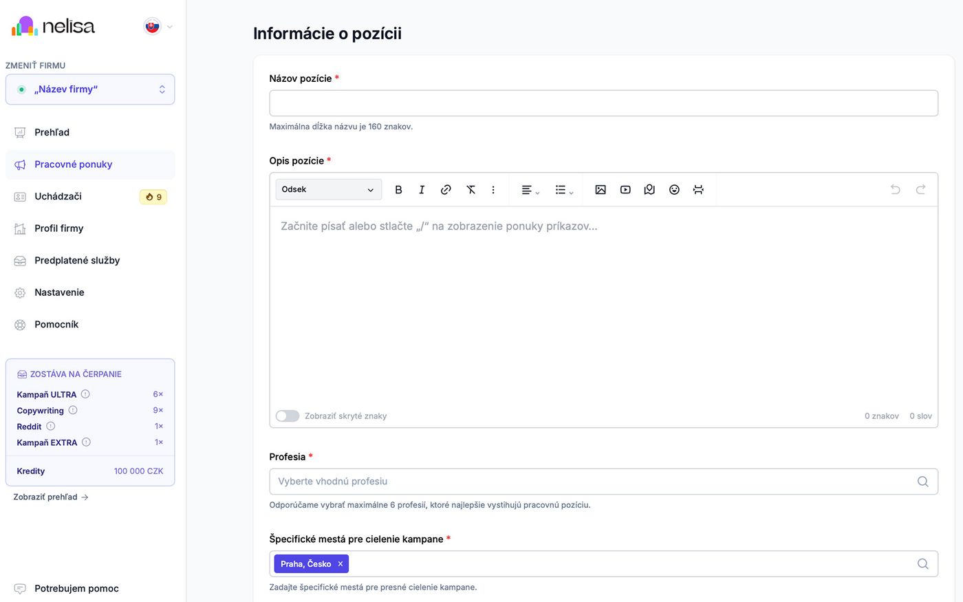 Vytvorenie pracovnej pozície