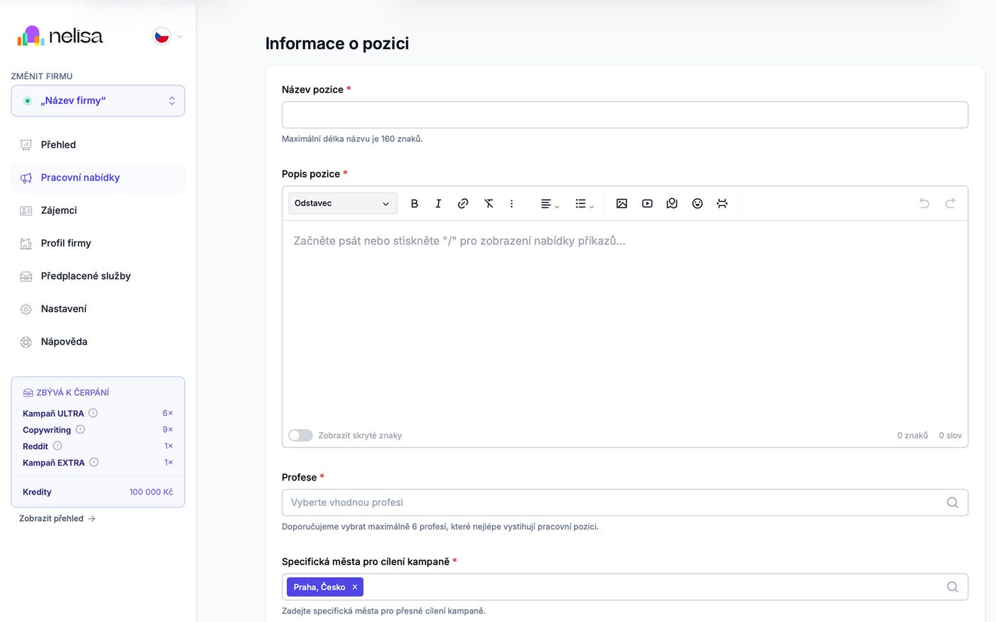 Vytvoření pracovní pozice