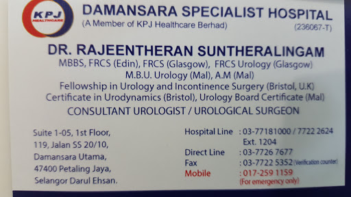 Dr Rajeentheran Suntheralingam Urology Stone, Prostate, Urodynamics, Urooncology Cancer and Male Health Clinic