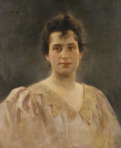 PORTRET KOBIETY W SUKNI Z KORONKOWYM KOłNIERZEM