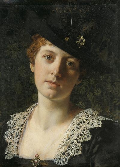 PORTRET KOBIETY W CZARNYM KAPELUSZU Z PIóRAMI