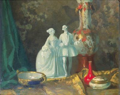 MARTWA NATURA Z PORCELANOWą FIGURKą, OK. 1920