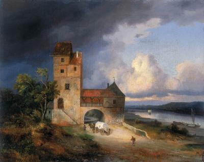 48. PEJZAż NADRZECZNY Z WIEżą I BRAMą, 1844