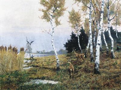SARNY W BRZEZINIE NA BRZEGU JEZIORA, 1893