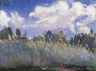 ZBOŻE NA TLE WSI BOJARKA NA UKRAINIE, 1905