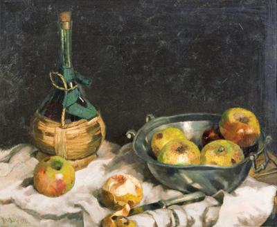 MARTWA NATURA Z JABŁKAMI I BUTELKĄ WINA,1922