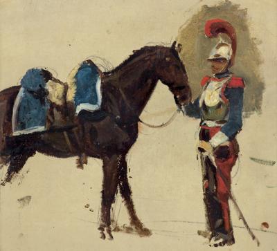 KIRASJER TRZYMAJĄCY KONIA ZA UZDĘ, OK. 1832
