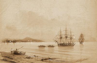 ŻAGLOWCE U WYBRZEŻA, OK. 1850