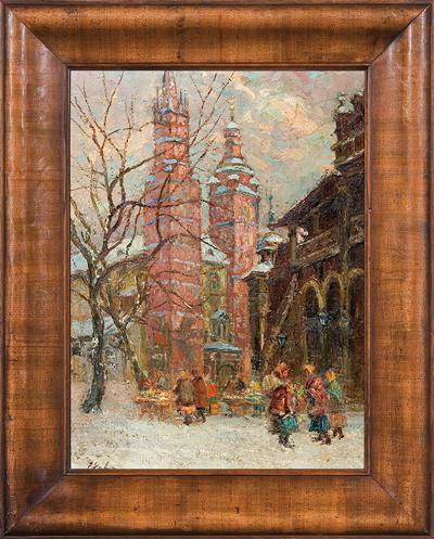 RYNEK W KRAKOWIE Z WIDOKIEM NA KOŚCIÓŁ MARIACKI