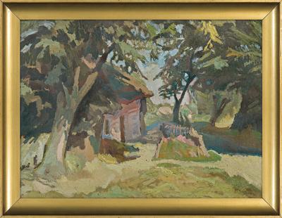 ZAKĄTEK WIEJSKI. CHATA WŚRÓD DRZEW, OK. 1930