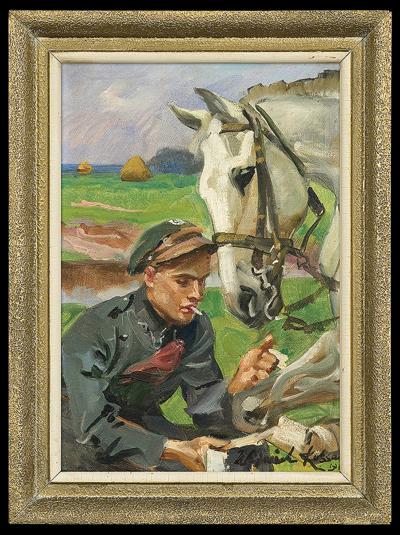 UŁAN OPATRUJĄCY KONIA, 1936