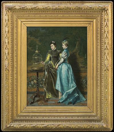 DAMY PRZY KLATCE DLA PTAKÓW, OK. 1880