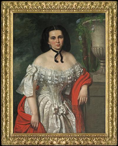 PORTRET DAMY Z CZERWONYM SZALEM, PO 1850