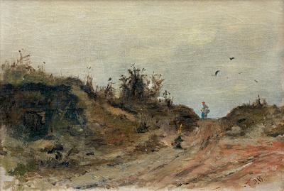 PEJZAŻ Z WĘDRUJĄCĄ KOBIETĄ, OK. 1870