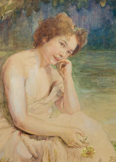 RUDOWŁOSA PORTRET KOBIETY NA TLE PEJZAŻU,OK 1900