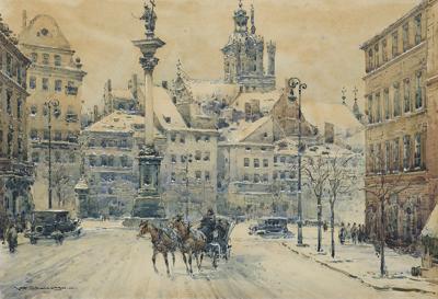 WARSZAWA. PLAC ZAMKOWY W ZIMIE, PRZED 1939