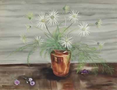 BIAŁE KWIATY W BRĄZOWYM WAZONIE, 1942