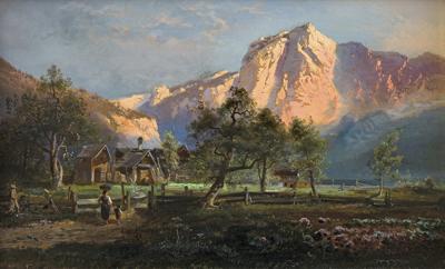 PEJZAŻ ALPEJSKI O ZACHODZIE SŁOŃCA