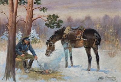 UŁAN Z KONIEM PRZY OGNISKU, 1933
