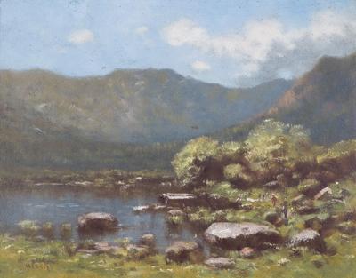PEJZAŻ ALPEJSKI Z JEZIOREM, OK. 1890