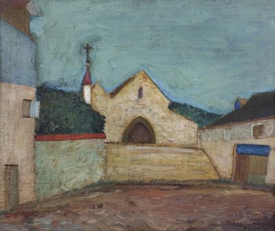 PEJZAŻ Z KOŚCIOŁEM, OK. 1945