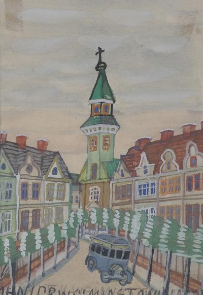 WIDOK MIEJSKI Z SAMOCHODEM, LATA 60. XX W.