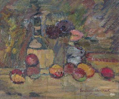 MARTWA NATURA Z JABŁKAMI I BUTELKĄ, OK. 1954