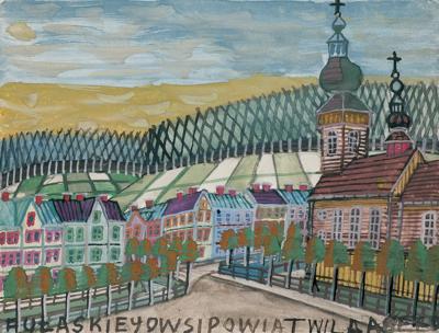 WIDOK MIASTECZKA Z DREWNIANYM KOŚCIOŁEM